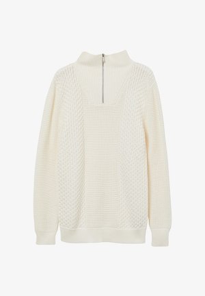 Cremfarbener Strickpullover mit strukturierten Mustern, langen Ärmeln, gerippten Bündchen und Saum sowie einem halben Reißverschluss im Kragen vorne.
