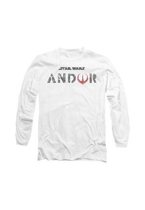 Weißes Langarmshirt mit abgenutztem "STAR WARS ANDOR"-Schriftzug und rotem Symbol in der Mitte auf einfarbigem Hintergrund.