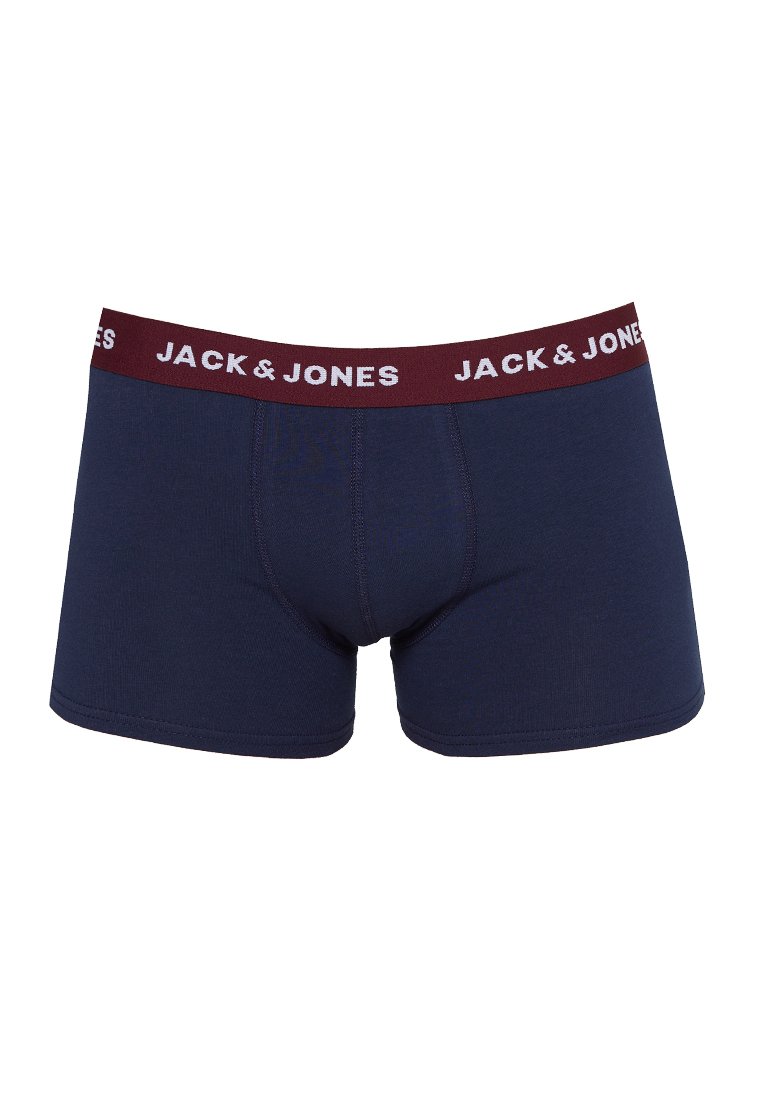 Boxer shorts azul marino hechos de una tela suave, con una cinturilla color marrón oscuro que presenta el texto en blanco "JACK & JONES". Ajuste ceñido, con detalles de costura.