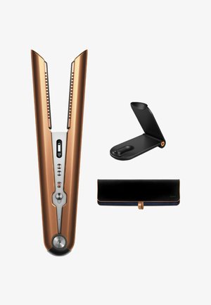 Koperen elektrische haar stijltang met een slank ontwerp, dubbele platen, bedieningsknoppen, temperatuurdisplay en een zwarte reistas.