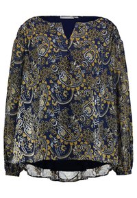 Blusa navy con motivo paisley e floreale in oro e argento. Presenta un colletto a V, maniche lunghe e dettagli di orlo arricciato.