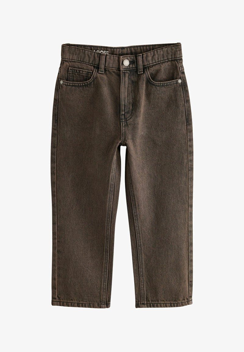 Pantalones vaqueros marrones de corte holgado con botón delantero, trabillas para cinturón y diseño de cinco bolsillos, mostrados sobre un fondo blanco.