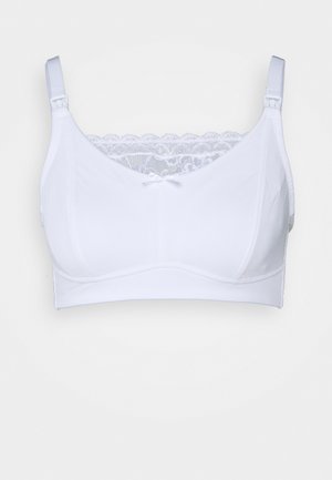 Sutiã branco feito de um tecido suave com um acabamento em renda na parte superior. Apresenta alças ajustáveis e um pequeno detalhe de laço no centro da frente.