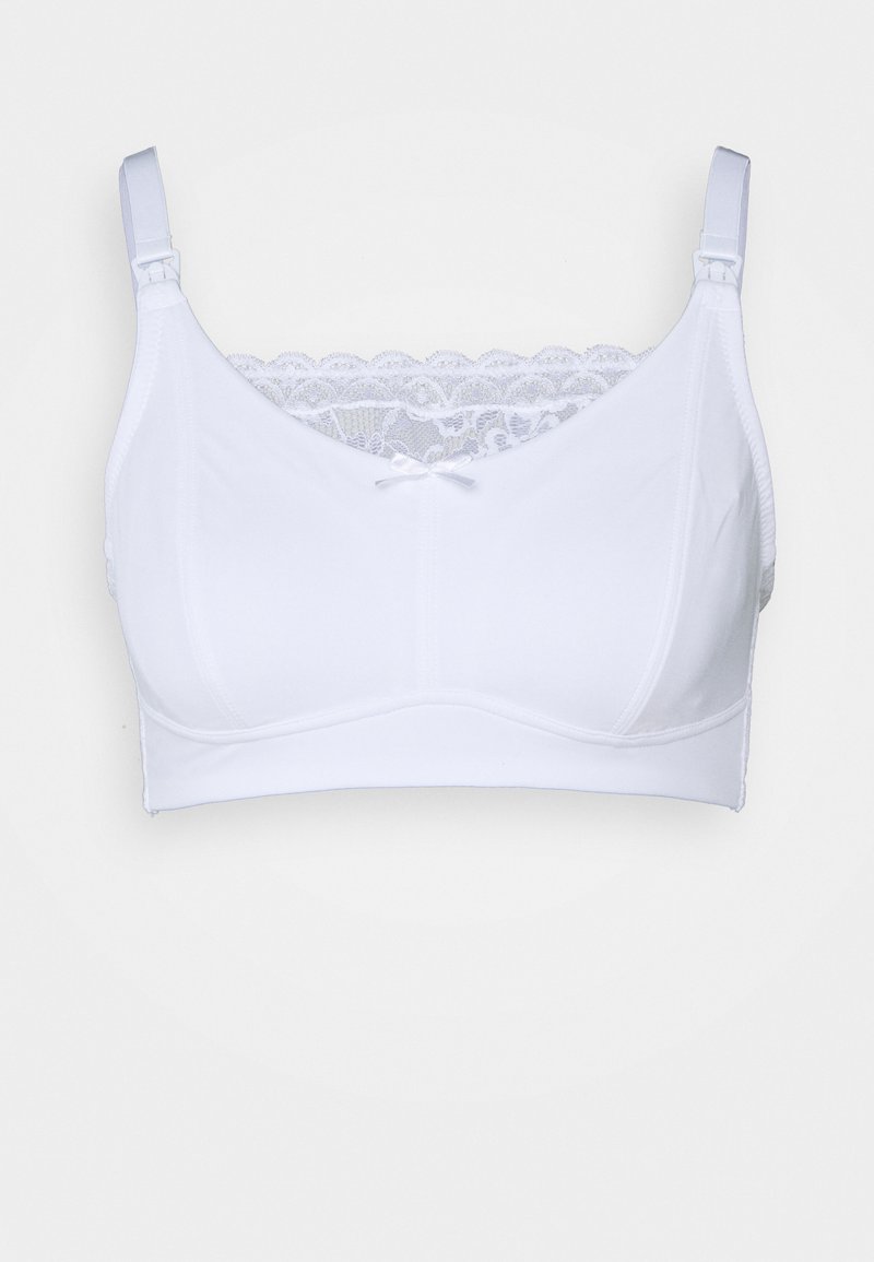 Sutiã branco feito de um tecido suave com um acabamento em renda na parte superior. Apresenta alças ajustáveis e um pequeno detalhe de laço no centro da frente.