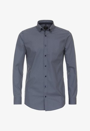 Chemise bleu marine à boutons avec un motif géométrique, manches longues et col pointu. Présente des boutons foncés et un tissu lisse et texturé.