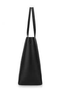 Black leather tote bag with a triangular shape, featuring long straps and a smooth texture. Notable detail includes a central circular accent.