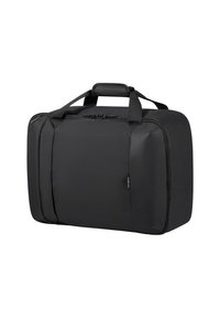 Borsa da viaggio nera rettangolare morbida con manici doppi e chiusura a zip, progettata per un facile trasporto e imballaggio.