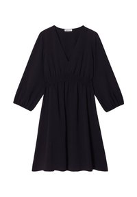 Robe noire jusqu'aux genoux avec un col en V, une taille élastique et des manches trois-quarts bouffantes. Confectionnée dans un tissu léger et dotée d'une jupe fluide.