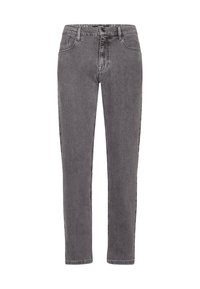Jeans in denim grigio a gamba dritta da uomo con chiusura a bottone e tasche frontali, esposti su sfondo bianco.