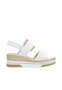 Sandales à talons compensés blanches avec deux sangles ajustables, un dessus en simili cuir lisse et un accent beige sur une semelle plateforme galbée.