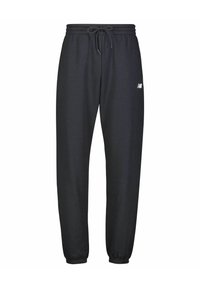 Schwarze Jogginghosen aus weichem Stoff mit einem Kordelzugbund und elastischen Bündchen. Ein kleines weißes Logo ist auf der linken Seite sichtbar.