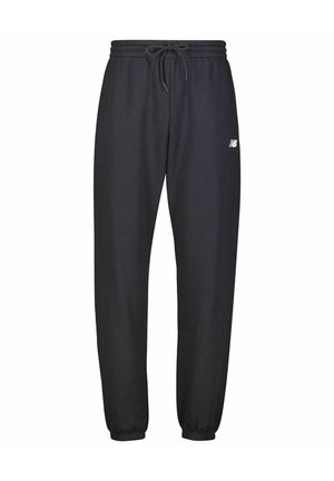Joggers neri realizzati in tessuto morbido con vita regolabile tramite cordino e polsini elastici. Un piccolo logo bianco è visibile sul lato sinistro.