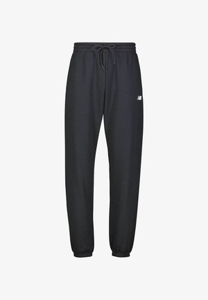 Joggers neri realizzati in tessuto morbido con vita regolabile tramite cordino e polsini elastici. Un piccolo logo bianco è visibile sul lato sinistro.