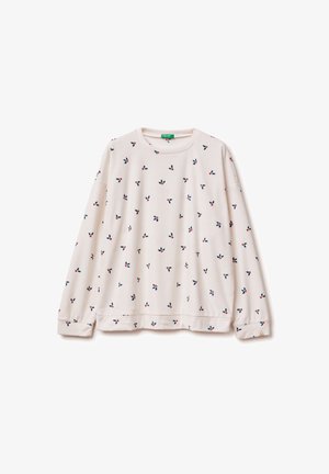 Hellrosa Sweatshirt mit floralem Muster in Marineblau und Rot, Rundhalsausschnitt und langen Ärmeln mit Bündchen.