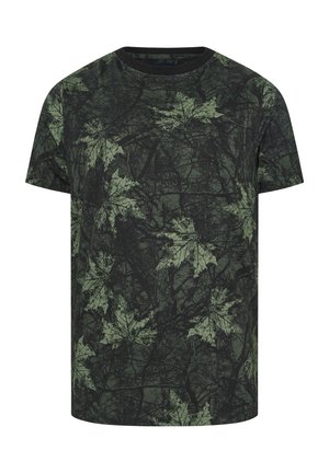 Dark green short-sleeve T-shirt with black and lighter green camouflage pattern featuring maple leaf shapes and branches.