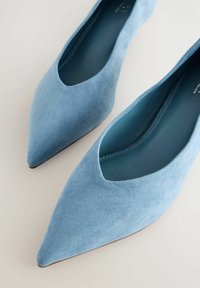 Bailarinas de ante azul con punta afilada y un diseño de corte bajo. Textura suave y forro interior acolchado, con una discreta suela marrón.