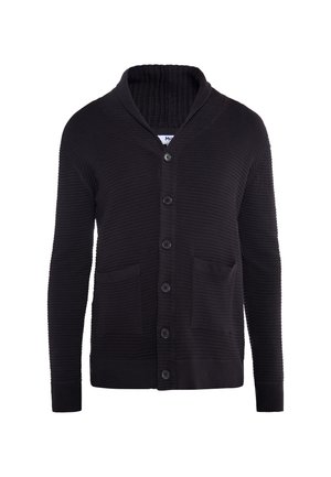 Juodas kardiganas su šalikiniu apykakle, susiraukšlėjęs audinys, užsegamas priekyje mygtukais ir turintis dvi kišenes. Ilgos rankovės ir prigludęs siluetas.