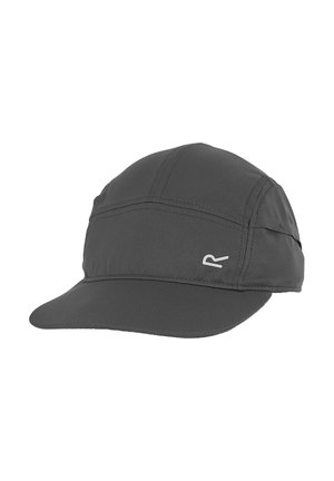 Gorra ligera de color gris oscuro con visera curvada y costuras visibles, con un pequeño logo blanco estilizado "R" en el panel lateral.