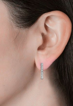 Orecchini a goccia in argento con design rettangolare, caratterizzati da diverse piccole pietre trasparenti incastonate in una linea verticale, che pendono sotto il lobo dell'orecchio.