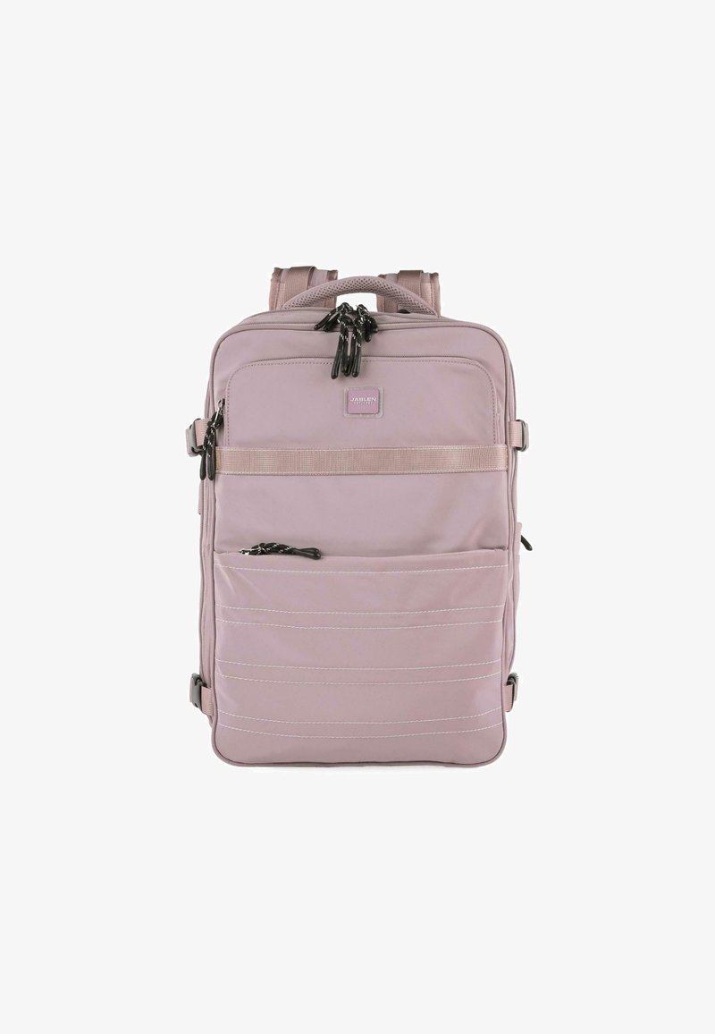 Mochila de color rosa claro con múltiples compartimentos, costuras contrastantes y tiradores de cremallera negros. Cuenta con correas de hombro ajustables y un asa en la parte superior.