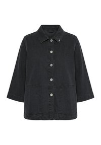 Černá džínová bunda s předními cvočky, límcem, širokými tříčtvrtečními rukávy a dvěma velkými předními kapsami.