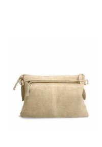 Borsa clutch in suede beige con zip superiore e tasca esterna con zip. Texture morbida, forma rettangolare e anello per l'attacco di una tracolla.