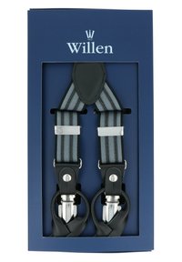 Graue und schwarze elastische Hosenträger mit Lederakzenten und verchromten Beschlägen, präsentiert in einer dunkelblauen Box mit Markenlogo.