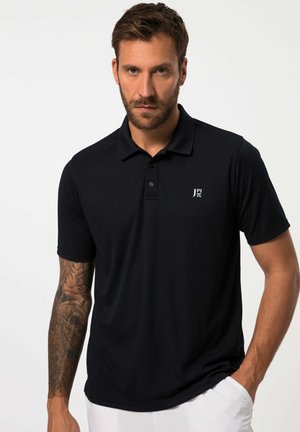 Navy short-sleeve polo shirt made of smooth, breathable fabric with a three-button placket and a small white logo on the left chest.