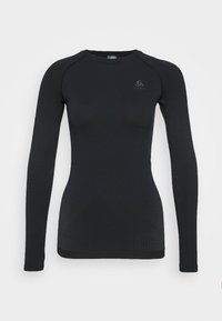 Black long-sleeve base layer top with a fitted design, textured side panels, round neckline, and subtle logo on the chest.