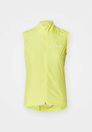 Gilet de cyclisme sans manches en jaune vif, fabriqué en tissu léger, avec une fermeture éclair à l'avant, doté d'un col haut et d'un logo sur la poitrine.