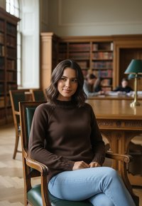 Brązowy sweter wykonany na drutach z teksturowanym wykończeniem i ściągaczami, w połączeniu z jasnoniebieskimi dżinsami, siedzący na drewnianym krześle w bibliotecznym otoczeniu.