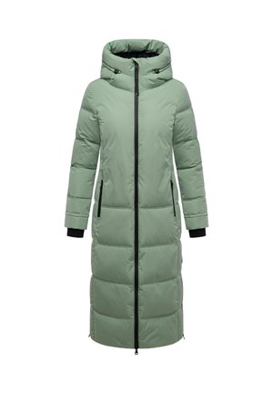 Lungo cappotto imbottito in verde chiaro, con cappuccio, zip nere e tasche laterali. Il tessuto testurizzato è trapuntato con un design voluminoso.