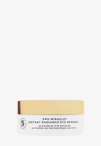 Beholder av Pro Miracle Instant Radiance Eye Renewal med gulllokk, som inneholder 30 par øyepatcher for hudpleiebruk.