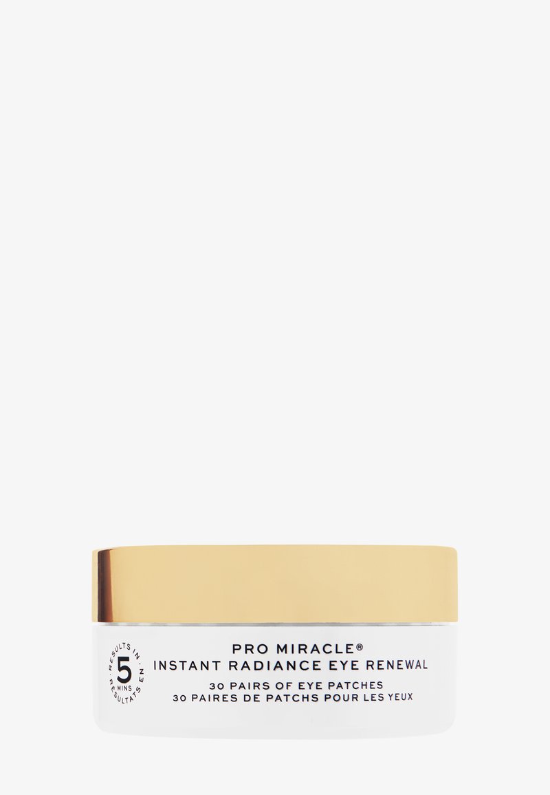 Beholder av Pro Miracle Instant Radiance Eye Renewal med gulllokk, som inneholder 30 par øyepatcher for hudpleiebruk.