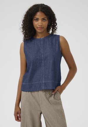 Denim sleeveless top in dark blue with a round neckline and a loose fit. Features contrasting stitching and a straight hem.