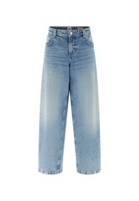 Jeans in denim blu a gamba larga con vita alta, lavaggio chiaro, leggere sfumature, cuciture doppie e chiusura con bottone frontale.