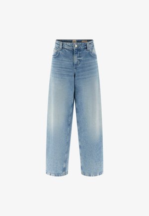 Weite blaue Denim-Jeans mit hoher Taille, hellen Waschung, dezentem Verblassen, doppelt genähten Nähten und einem Knopfverschluss vorne.