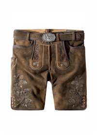Bruna lädershorts med intrikata blommönster, en dekorativ bältesspänne och knappdetaljer på sidorna. Slät textur genom hela plagget.
