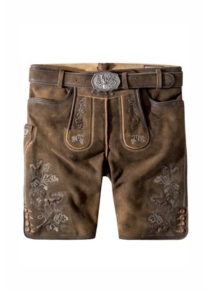 Shorts in pelle marrone con intricati ricami floreali, una fibbia decorativa e dettagli con bottoni sui lati. Tessuto morbido e liscio.