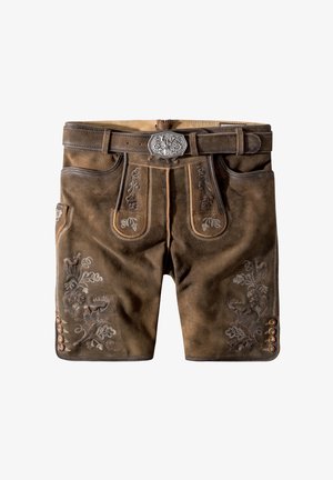 Ruske nahkashortsit, joissa on monimutkaista kukkakirjontaa, koristeellinen vyönsolki ja nappikoristelu sivuilla. Sujuva pinta kauttaaltaan.