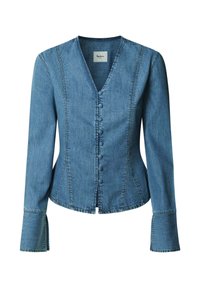 Jeansjacka med v-ringning, l�ånga ärmar och en figurnära design. Har knäppning med knapp och kontrasterande sömmar längs kanterna.