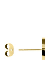 Guldpläterade studs med en cirkulär skivdesign och en slät yta. Fästet är anslutet för säker användning och ger en minimalistisk look.