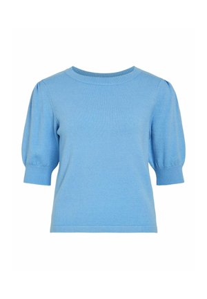 helehelesinine lühikeste varrukatega kootud topp, millel on paunakujulised varrukad ning soonikuga mansetid ja kaelus, esitatud valgel taustal.