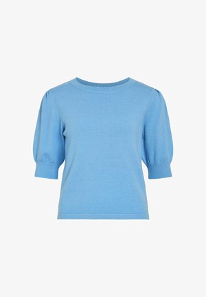 helehelesinine lühikeste varrukatega kootud topp, millel on paunakujulised varrukad ning soonikuga mansetid ja kaelus, esitatud valgel taustal.