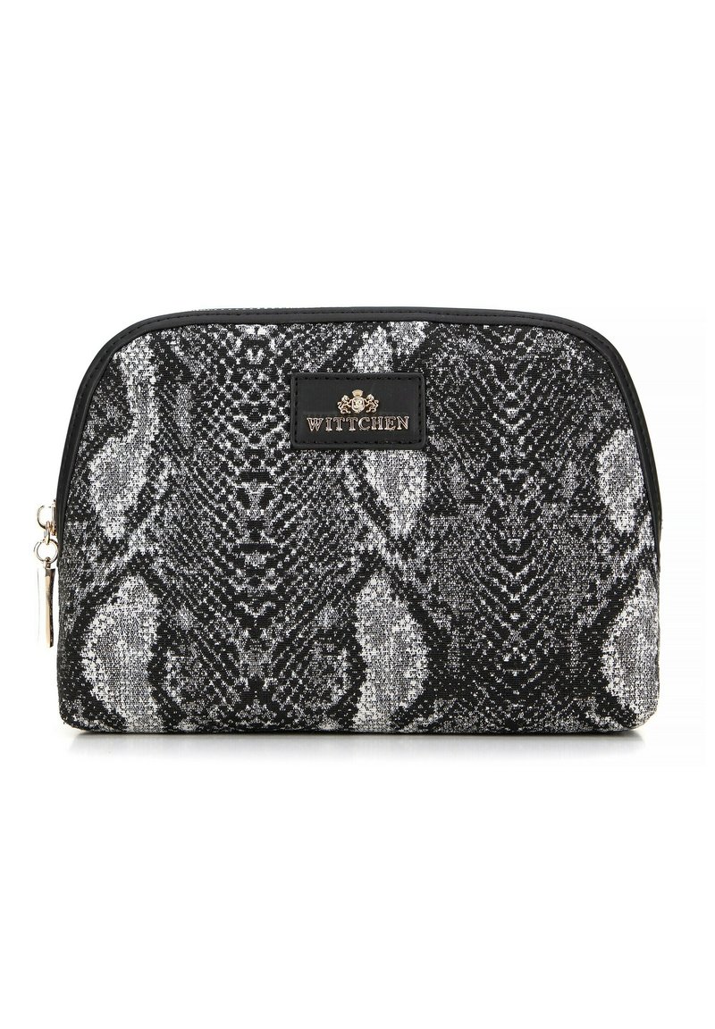 Pochette cosmetica WITTCHEN in stampa rettile nera e argentata, con chiusura a zip e una piccola placca logo del marchio sul davanti.