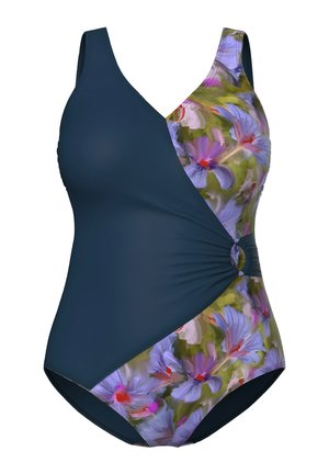 Costume intero con sovrapposizione a portafoglio blu navy e motivo floreale multicolore, con dettaglio ad anello laterale in vita.