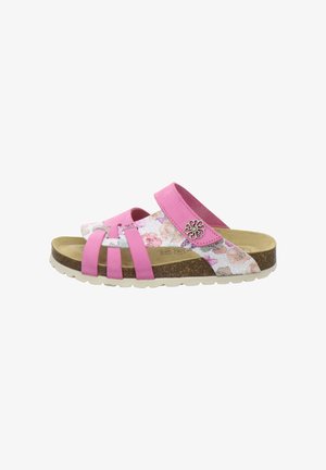 Pink and floral open-toe sandal with three front straps, a floral-patterned adjustable ankle strap, cork sole, and white rubber outsole.