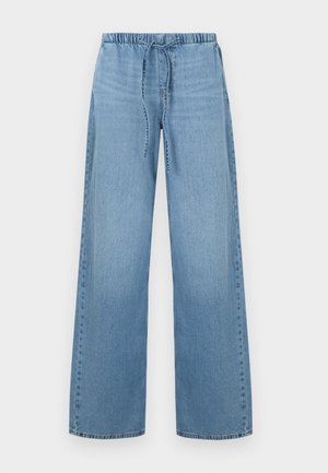 Jean large bleu clair en denim, doté d'une taille élastique et d'un cordon de serrage. Le design offre une coupe décontractée au niveau des jambes.