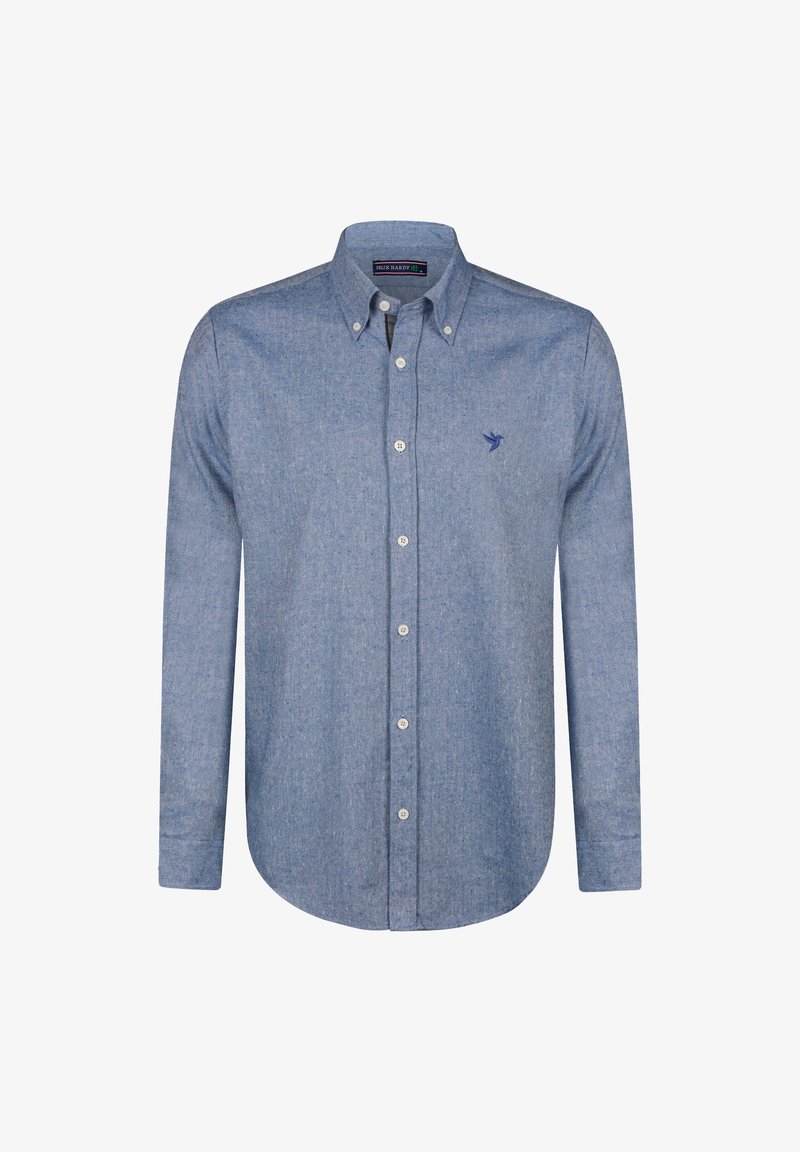 Camisa de botones azul claro hecha de una tela texturizada, con un solo logo bordado en el pecho y mangas largas con puños.