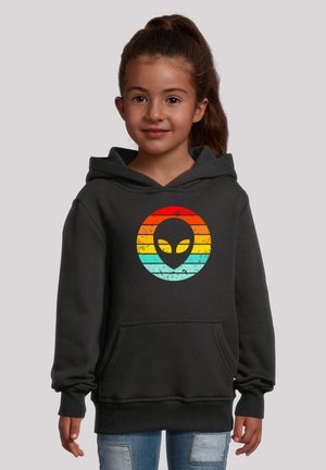 Schwarzer Kapuzenpullover mit einer vorderen Tasche, ausgestattet mit einem bunten Alien-Motiv in einem kreisförmigen Design mit abgenutzter Textur. Weicher Stoff, lässige Passform.